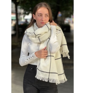 Ekoseli Ince Çizgili Puf Atkı (Beyaz-Siyah)