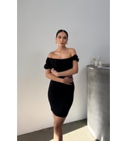 Kadın Elbise Mini Yazlık Kısa Kollu Yaka Detaylı Esnek Bodycon Elbise (Siyah)