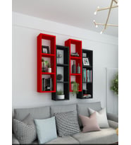 Kitaplık Modern Duvar Rafı Meşe Beyaz 4 Lü Takım (Kırmızı-Siyah)