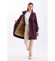 Pastelastore %100 Pamuk Gabardin Midi (95cm) Astarlı Kemerli Kadın Trençkot 1113 (Acı Kahve)