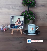 Anneye Hediye Fotoğraflı Dekoratif Taş, Ahşap Altlıklı Türk Kahvesi Fincanı Hediye (Model 7)