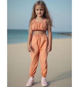 Kız Bebek Düz Renk Crop Pantolon Set (Yavru Ağzı)