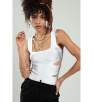 Sifu Tekstil Kadın Kare Yaka Sprey Boyamalı Spor Askılı Triko Atlet Crop Top Bluz SFYZ1002 (Beyaz)