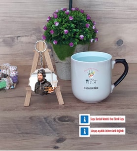 Pilot Kupa Bardak Beyaz ve Fotoğraflı Ahşap Anahtarlık Hediye (Model 10)
