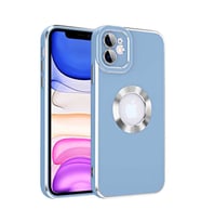 iPhone 11 Kılıf Kamera Korumalı Logo Çevresi Halka Tasarım Lüx Kapak (Mavi)
