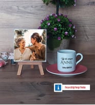 Anneye Doğum Günü Hediyesi Fotoğraflı Dekoratif Taş, Ahşap Altlıklı Türk Kahvesi Fincanı Hediye (Model 6)
