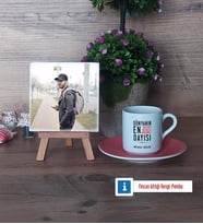 Dayıya Hediye Fotoğraflı Dekoratif Taş, Ahşap Altlıklı Türk Kahvesi Fincanı Hediye (Model 6)