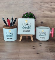 Uçak Mühendisi Hediye Sepeti Kupa Bardak T Kulplu, Kalemlik ve Dekoratif Taş Mühendisler Günü Hediyesi (Model 4)