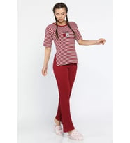 Lukitus Kısa Kollu Pamuklu Fitilli Kadın Pijama Takımı (Bordo)