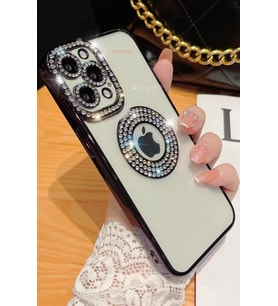 Apple iPhone 12 Pro Kılıf Şeffaf Lüx Taşlı Süslemeli Kamera Korumalı Silikon (Siyah)