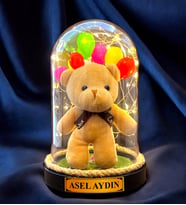 Kişiye Özel Sevimli Ayıcık Temalı Fanus Aranjmanı / Led Lambalı ve Renkli Balonlu (Kahverengi)