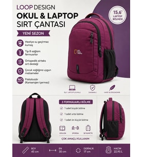 LOOP DESİGN OKUL SIRT ÇANTASI-LAPTOP SIRT ÇANTASI (YENİ SEZON) (Bordo)