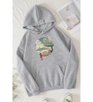 Unisex Neighbor's Ukiyo e Baskılı Sweatshirt (Gri)