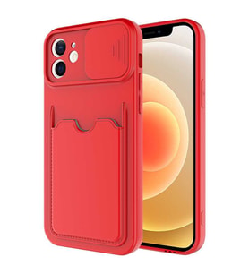 Uyumlu Model Apple iPhone 12 Kılıf Kartlıklı Lens Kapatmalı Kapak (Kırmızı)