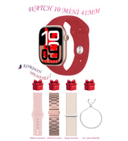 Samsung Galaxy M31 Prime Uyumlu Açık Mavi Akıllı Saat Watch 10 Mini Kordon Hediyeli AMOLED EKRAN 41MM (Kırmızı-Rose Gold)