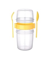 1100 ml Çift Hazneli Çatal Kaşıklı Müsli Yulaf Diyet Atıştırmalık Yemek Taşıma Saklama Kabı (Sarı)