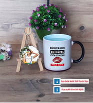 Kadın Öğretmene Hediye Kupa Bardak Beyaz ve Fotoğraflı Ahşap Anahtarlık Hediye (Model 9)