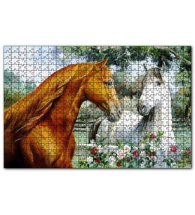 Cakapuzzle Atlar Ve Güller Yağlı Boya Resmi  Puzzle Yapboz MDF (Ahşap) (500 Parça)