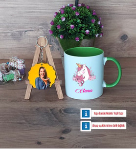 Unicorn Kupa Bardak Beyaz ve Fotoğraflı Ahşap Anahtarlık Hediye (Model 14)