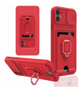 Uyumlu Model Apple iPhone 12 Kılıf Kartlıklı Magnetli Lens Kapatmalı (Kırmızı)