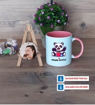 Sevimli Panda Kupa Bardak Beyaz ve Fotoğraflı Ahşap Anahtarlık Hediye (Model 6)