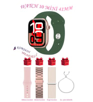 Samsung Galaxy M22 Uyumlu Açık Mavi Akıllı Saat Watch 10 Mini Kordon Hediyeli AMOLED EKRAN 41MM (Haki-Pembe)