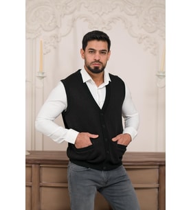Woolen World Regular Fit Ön Cepli Desenli Kolsuz Erkek Triko Yelek (Siyah)