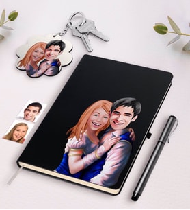 BK Gift Kişiye Özel Sevgililer Karikatürlü Beyaz Defter Kalem Ve Anahtarlık Hediye Seti-36 (Model 2)