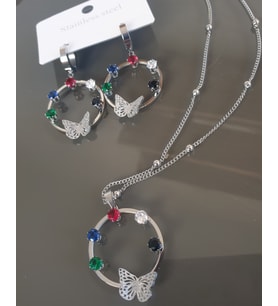 KELEBEKLİ RENKLİ TAŞLI KOLYE KÜPE SETİ YUVARLAK MODEL (Gümüş)