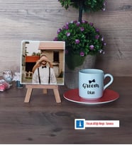 Groom Fotoğraflı Dekoratif Taş, Ahşap Altlıklı Türk Kahvesi Fincanı Hediye (Model 8)