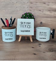 İyi Ki Varsın Teyze Hediye Sepeti Kupa Bardak T Kulplu, Kalemlik ve Dekoratif Taş Teyzeye Doğum Günü Hediyesi (Model 6)