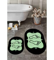 EVDEYA Dijital Yıkanabilir Modern Ayak İzi Desen İkili Oval Banyo Halısı Klozet Takımı, OKLOZET-20-GOLD, (Yeşil)