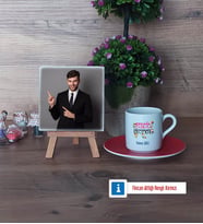 Felsefe Öğretmeni Fotoğraflı Dekoratif Taş, Ahşap Altlıklı Türk Kahvesi Fincanı Hediye (Model 3)