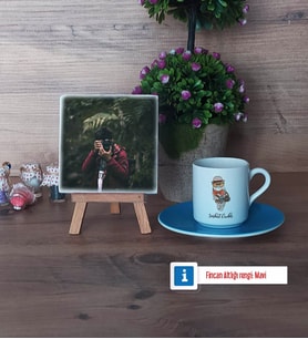 Baykuş Fotoğraflı Dekoratif Taş, Ahşap Altlıklı Türk Kahvesi Fincanı Hediye (Model 5)