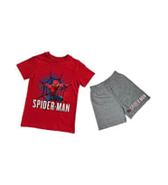 unisex Spiderman baskılı pamuklu kumaş kısa kollu şortlu ikili çocuk takımı (Kırmızı)