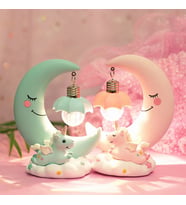 Dekoratif  Ay Dede ve Minik Unicorn Temalı Masa Lambası ve Biblo (Pembe)