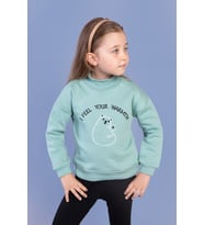 Toontoy Kız Çocuk Nakışlı Balıkçı Yaka Pamuklu Sweatshirt (Yeşil)