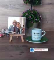 Dedeye Hediye Fotoğraflı Dekoratif Taş, Ahşap Altlıklı Türk Kahvesi Fincanı Hediye (Model 9)