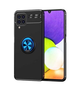 Samsung Galaxy A22 4G Kılıf Yüzüklü Magnetli Ravel Case Kapak (Siyah-Mavi)