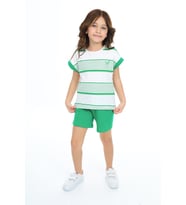 Toontoy Kız Çocuk Çizgili Kalp Nakışlı Şortlu Takım (Çimen Yeşili)