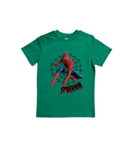 Spiderman baskılı örümcek adam pamuklu penye kumaş yazlık çocuk tişört (Yeşil)