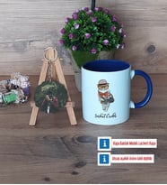 Baykuş Kupa Bardak Beyaz ve Fotoğraflı Ahşap Anahtarlık Hediye (Model 3)