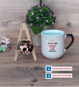 Aşçıya Hediye Kupa Bardak Beyaz ve Fotoğraflı Ahşap Anahtarlık Hediye (Model 10)