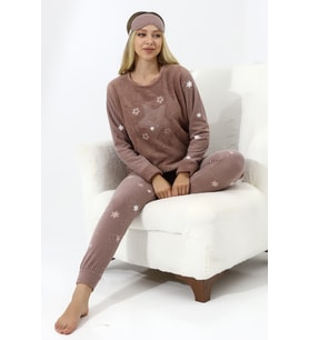 Fawn 5008 Peluş Welsoft Polar Kışlık Yumoş Kadın Pijama Takımı (Vizon)