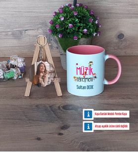 Müzik Öğretmeni Kupa Bardak Beyaz ve Fotoğraflı Ahşap Anahtarlık Hediye (Model 6)