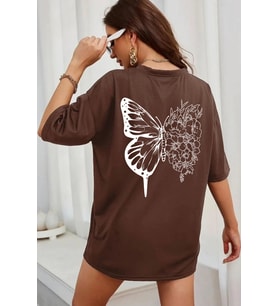 Unisex Drawing Butterflies  Tasarım T-shirt (Kahverengi)