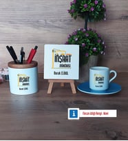 İnşaat Mühendisi Hediye Seti Dekoratif Taş, Kalemlik, Ahşap Altlıklı Türk Kahvesi Fincanı Hediye (Model 5)