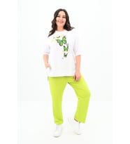Kadın Büyük Beden Kelebek Baskı Detaylı T-shirt Takım 8114-25 (Yağ Yeşili)
