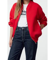 Oversize Bisiklet Yaka Düşük Kol Uzun Fermuarlı Geniş Kalıp Kalın İçi Polarlı Örme Sweatshirt (Kırmızı)