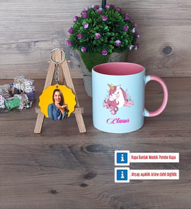 Unicorn Kupa Bardak Beyaz ve Fotoğraflı Ahşap Anahtarlık Hediye (Model 6)